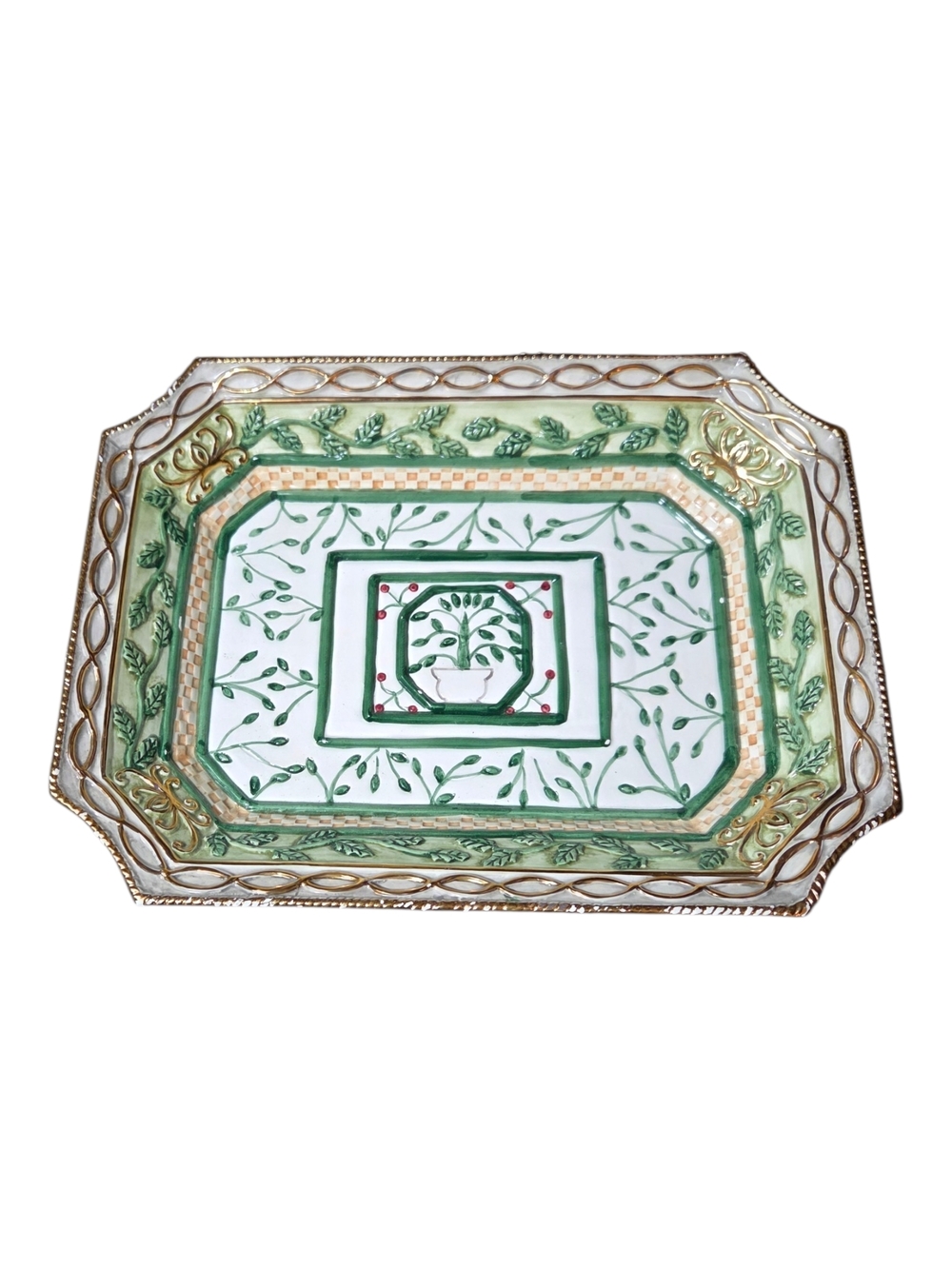 Fitz and Floyd Green, White & Gold Botanical Ceramic Serving Tray